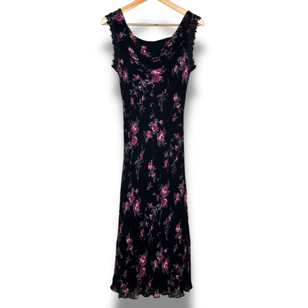 Majick Vintage Black Pink Beaded‎ Floral Print Lace Trim Cowl Neck Midi Dress S